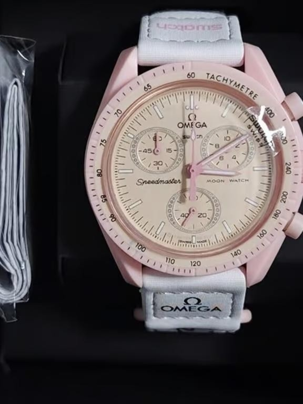 Swatch Pink and White Speedmaster Style Chronograph Watch